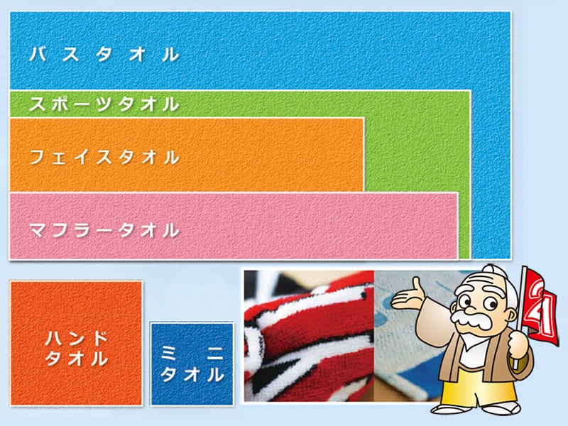 各種タオルのサイズ感見本です。実際の比率とは若干違いがあります。
