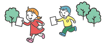 子供たちが紙を持って走るイラスト